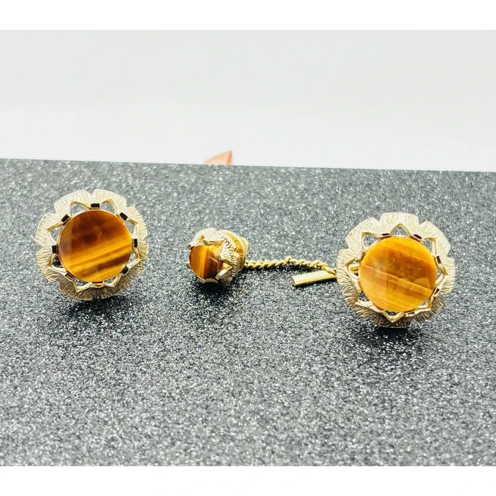 Vintage Dante Tiger's Eye Cufflinks Tie Tack Set Gold‎ Tone Swirl Retro Mens